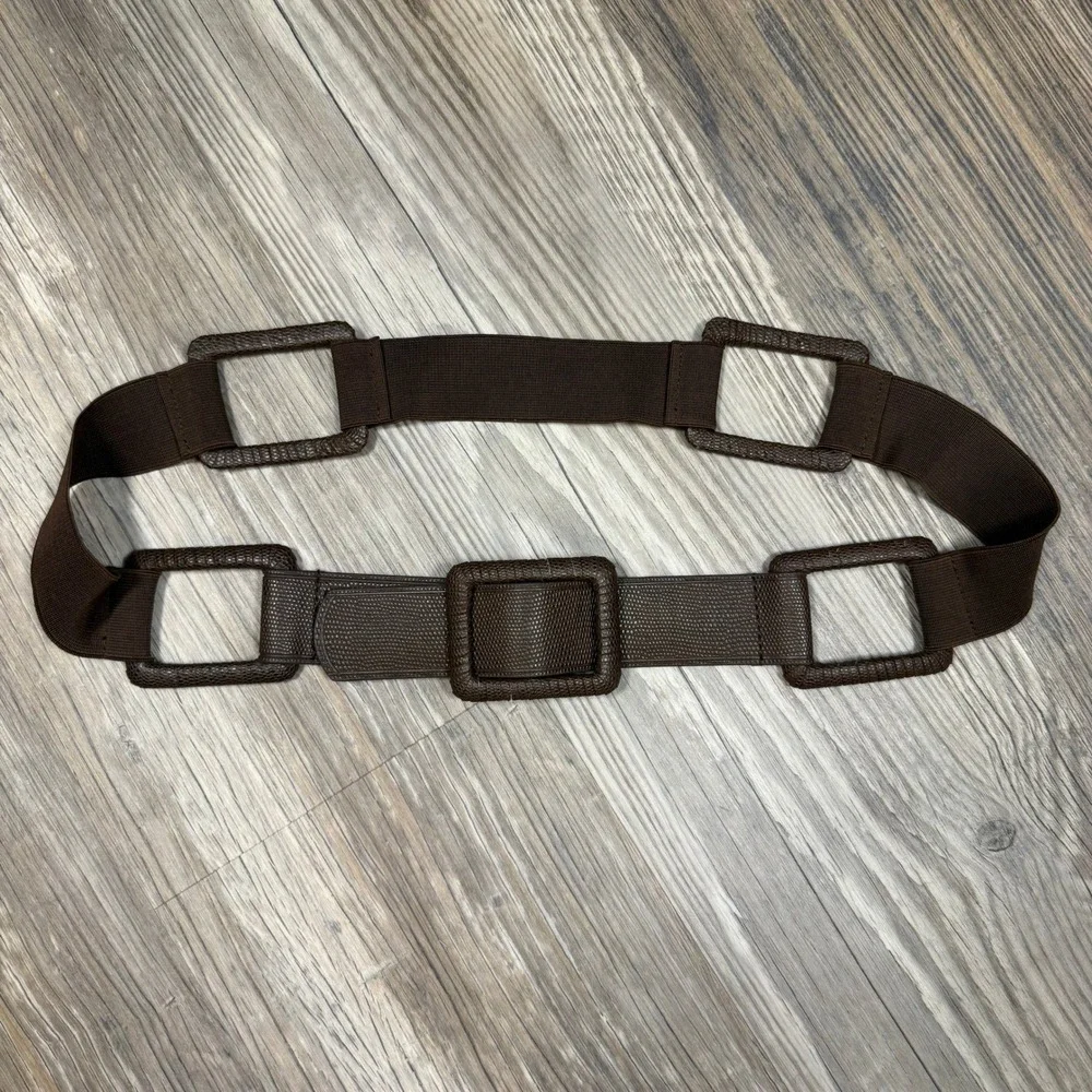 Chico's Y2K Brown Elastic Stretch Waist Belt Faux Leather Square Link Medium
